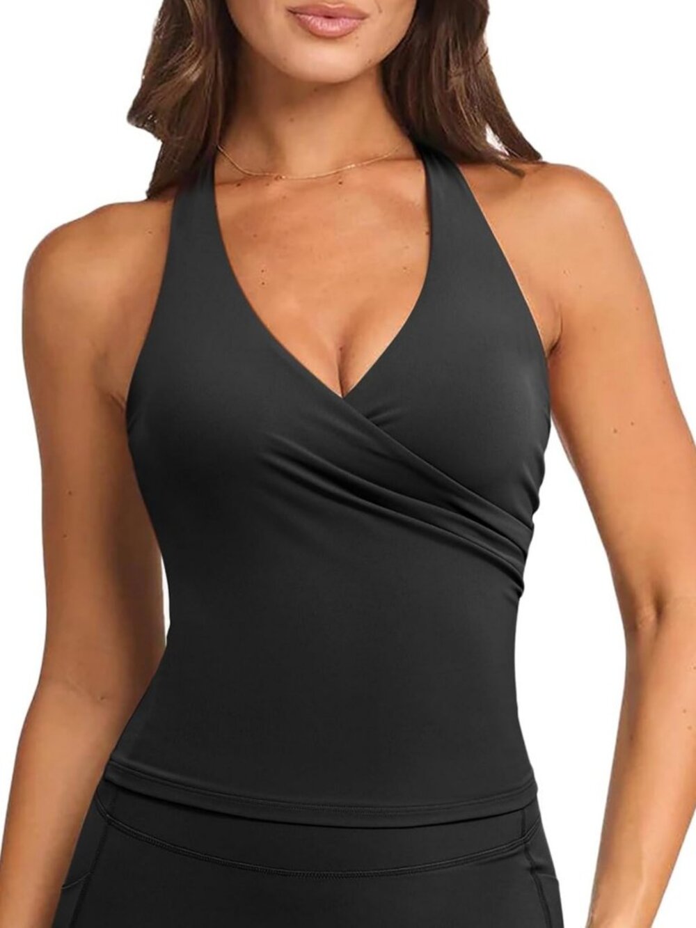 Halter Neck Deep V Wrap Crop Top - Women's Workout Yoga Tank with Padded Bra